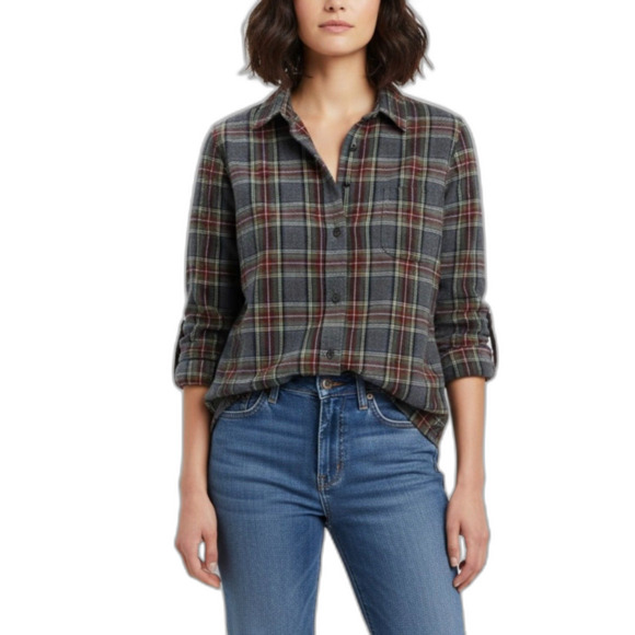 L.L. Bean Grey Stewart Tartan Plaid Relaxed Fit Flannel Shirt Size L - Picture 1 of 12